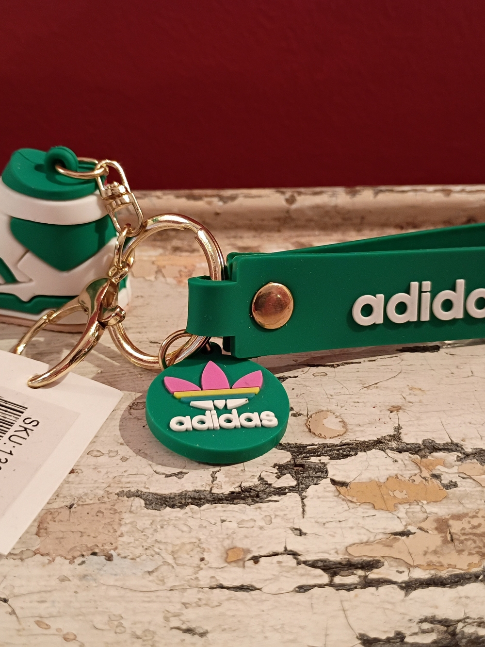 adidas Green Silicone Trefoil Keychain Wrist Strap with Pink Accent